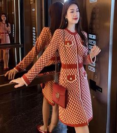 Women039s long sleeve dress oneck red geometric pattern knitted high waist aline vestidos SMLXL6712772