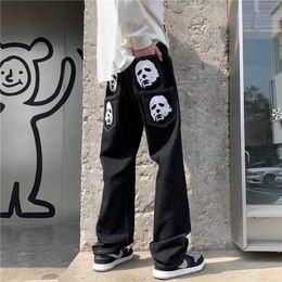 High Street Vibe Style Skull Head Printed Jeans Hip Hop Mens and Womens Straight Leg Design Long Pants