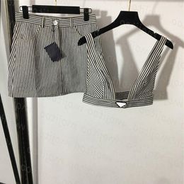 Fashion For Sling T Badge Short Underwear Tops Dress Sets Suits Women Stripe Suspender Letter High Waist Shirts Skirt Denim Cbdik