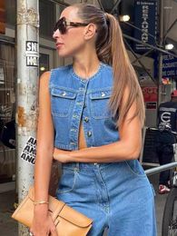 Women's Vests Y2K Fashion Denim Tops For Women Chic O-Neck With Pockets Summer Waistcoat Lady Casual Sleeveless Vest