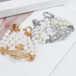 Designer Westwood Full Diamond Saturn Three Layer Pearl Bracelet Female Light Luxury Style Fashion Versatile Hicraft