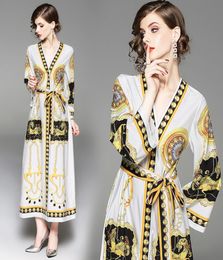 New Luxury Baroque Print Vintage Dress Women's Fashion Long Sleeve V-Neck Elegant Ladies Sexy Dresses Plus Size Office Designer Dress2337457