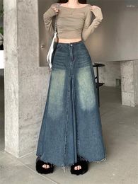 Skirts Maxi Long Women England Style Vintage Autumn Winter High Waist Jean Skirt Ladies A-Line Ruffle Pleated Denim