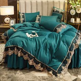 Bedding sets Dark green lace embroidered bedding smooth and soft polyester down duvet cover bedding oversized bedding J240507