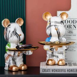 Decorative Objects Figurines Graffiti Abstract Bear Figurine Butler Statue Bear with Tray Key Candy Storage Holder Resin Sculpture Room Decor Ornament Craft T2405