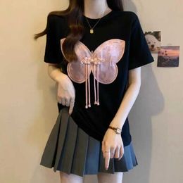 Women's T-Shirt Womens Summer Chinese Style Bow Black Slim Fit O-Neck Thin Short Sleeve Party T-shirt Womens Fashion Embroidered Top T-shirtL2405