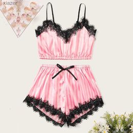 Women's Sleepwear Satin silk Pyjama set womens sexy lace Pyjamas summer hot V-neck sleeveless Pyjamas artificial silk Pyjamas pink striped Pyjamas WX