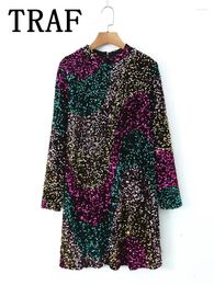 Casual Dresses Colored Velvet Sequins Dress Woman Bright Short For Women 2024 Elegant Long Sleeve Evening Party Female