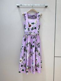 Casual Dresses 2024 Summer High Quality White Floral Leaf Print Sleeveless Tighten Waist Knee-length Dress