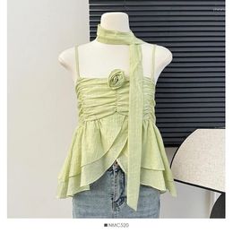 Women's Tanks Summer Tank Top For Women Spaghetti Strap Three-dimensional Flower Camisole Folds Ruffles Backless Solid Camis Dropship