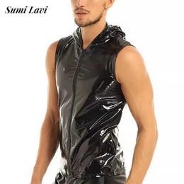 Men's Tank Tops Sexy Solid Color Shinny Leather Tops Men Slveless Hooded Zip-up PU Leather Camisoles Spring Summer Fashion Mens Leather Vest Y240507