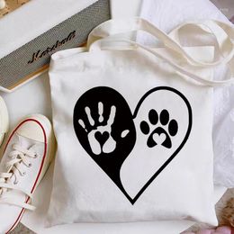 Shopping Bags Large Capacity Women Bag Handprint Dog Love Printing Creative Cartoon Tote Foldable Shopper Reusable