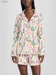여성용 잠자기 여성 여름 캐주얼 세트 와인 병으로 인쇄 된 긴 슬리브 옷깃 버튼 탄성 허리 반바지와 나이트웨어 wx