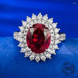 Cluster Rings Wedding Gift Jewellery 8x10mm Oval Shape Red Ruby High Carbon Diamond 925 Sterling Silver Zircon Ring For Women