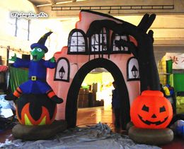 wholesale Customised Halloween Decorative Inflatable Pumpkin Arch 4m*3.5m Blow Up Ghost Archway With Witch Zombie For Outdoor Entrance Decoration