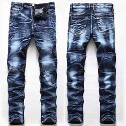 Men's Jeans Polished White Patch Jeans Denim Mens Elastic Whiskers Washed Small Hip Hop Trousers Four Seasons Plus Size J240507