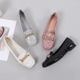 Casual Shoes Woman Relax Square Toe Rhinestone Soft Bottom Cute Metal Pink Black Flats Female Decoration Skin Loafers