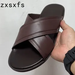 Slippers Summer Leather Slides Men's Flat Designer Brand Holiday Beach Shoes For Men Walk Casual Slipeprs Sandalials Mujer