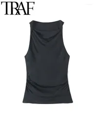 Women's Tanks GAL Mujer Black Thin Satin Slim A-Line Ruched Sleeveless Casual Female Crop Top Elegant Camis Y2K 2024 Summer