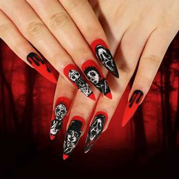 False Nails Hallown False Nails Red Color Scary Ghost Skull Spider Printed Artificial Acrylic Nails European Style Long Pointed Fake Nails T240507