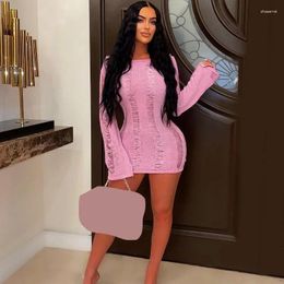 Casual Dresses WUHE Open Back Sexy Hole See Through Knitted Dress Women Korean Fashion Long Sleeve Bodycon Bandage Night Club Party Mini