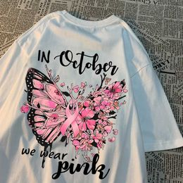 Men's T-Shirts In October We Wear Ribbon Butterfly Flowers T-Shirt Men Women O-Neck Clothes Loose Cotton Tops Strt Short Slve H240506