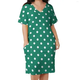 Casual Dresses Vintage Polka Dots Dress V Neck White And Green Kawaii Woman Basic Graphic With Pockets Big Size 4XL 5XL
