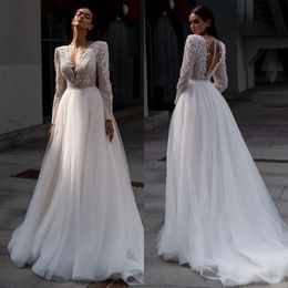 Платья линия для модной невесты V шея с длинными рукавами блестящие аппликации свадебные платья.