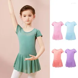 Stage Wear Ballet Dress Girls Dance Leotard Mesh Splice Short Sleeve Chiffon Skirted Bodysuit Costumes