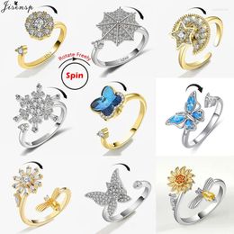 Cluster Rings Luxury Crystal Butterfly Bee Anxiety Ring Fidget Spinner For Women Wedding Jewelry Star Moon Charms Anti Stress Gift