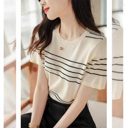 Women's T Shirts Loose Ageing Short-sleeved Striped T-shirt Female Niche Design Sense Of Ice Silk Thin Section The Top 2024 Spring Summer