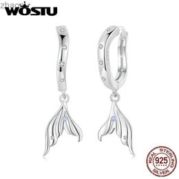 Dangle Chandelier WOSTU 925 Sterling Silver Mermaid Tail Pendant Earrings Womens Ocean Jewelry Shining Zirconia Fish Ring Earrings Party Gift XW