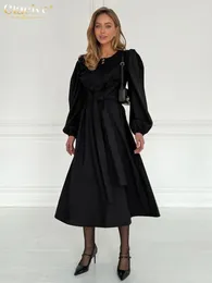 Casual Dresses Clacive Loose Black Office Women Dress 2024 Fashion O-Neck Long Sleeve Midi Elegant Lace-Up Pleated Female