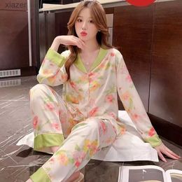 Women's Sleepwear New Womens Summer Silk Pajamas Womens Spring/Summer Thin Long sleeved Fashion Garden Cute Breeze Home Fury Summer WX