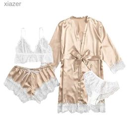 Women's Sleepwear Womens silk lace dress Babydoll Pyjamas and kimono 4-piece Pajiamas set womens fashionable and sexy lingerie WX