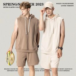 Men's Tank Tops 2024 Spring/Summer Sleeveless Solid Colour Hooded Top Shoulder Casual Unisex Bodybuilding Men Clothing
