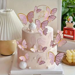 Party Supplies 10pcs Stamping Gold Pink Butterfly Cake Toppers Princess Girl Wedding Happy Birthday Decor Dessert