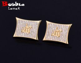 Iced Out Men Earring Square Stud Gold Color Material Full Zircon Copper Screw Push Back Charm Hip Hop Jewelry Rock Street3453300