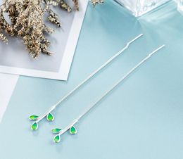 925 Sterling Silver Tassel Green Leaf Drop Earring for Women Girls Jewelry Brincos Female pendientes eh14031402334