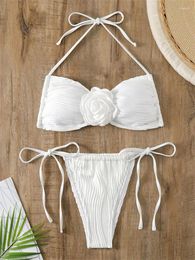 Women's Swimwear Sexy White Bikini 2024 Women 3D Flower Designer Push Up Micro Swimsuit Brazilian Bandeau Bathing Suit Tie Side Thong