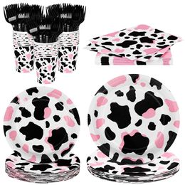 Disposable Dinnerware Pink Cow Party Table Supplies Cup Napkins Farm Birthday Decoration Q240507