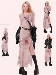 Casual Dresses 2000s Vintage Y2k Dress Women Irregual Bodycon Hooded Mesh Maxi Streetwear Slit Retro Korean Japanese Party Club Chic