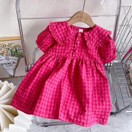 Girl Dresses Summer Doll Collar Bubble Sleeve Short Dress Baby Dragon Fruit Rose Red Plaid Princess For 3-8Y