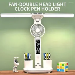 Table Lamps LED Lamp Double-headed Multifunction Foldable Touch With Fan Calendar Clock Desk USB Chargeable Dimmable Reading