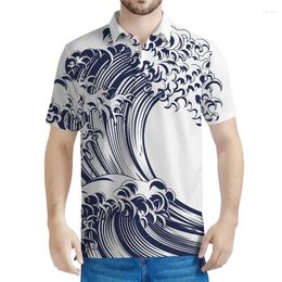 Men's Polos Japanese Painting Wave Graphic Polo Shirt Men 3d Printing Ocean Tee Shirts Casual Button T-shirt Street Lapel Short Sleeves