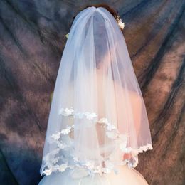 Bridal Veils Korean Simple White Short Paragraph Mori Butterfly Water-Soluble Lace Wedding Veil Studio 1 5CM Single Layer Soft Yarn 259s