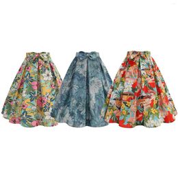 Skirts Fashion Women Retro A Line Skirt Floral Print Strappy Bowknot Elastic Waist Pleated Harajuku Style Sweet Girls