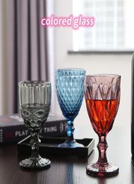 Whole 240ml 300ml 4 Colours European type relief Coloured glass wine glasses thickened tall vintage wine ware Z116060831