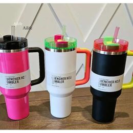 DHL New 40 Oz Electric Neon White Black Yellow Quencher H2.0 Mugs 40Oz Stainless Steel Tumblers With Handle Lid And Straw Car Cups Pink Water Bottles 0508