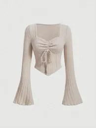 Women's Blouses Elegant Y2K Flare Sleeve Sweetheart Neck Rib-knit Crop Top Spring Fall 2024 Casual Drawstring Long T Shirt Blouse